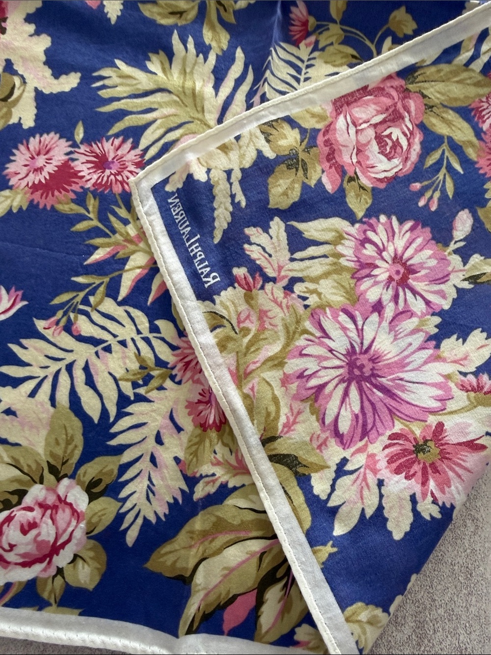 Ralph Lauren Blue Floral cotton Scarf with Pink Blooms - Picture 6 of 6